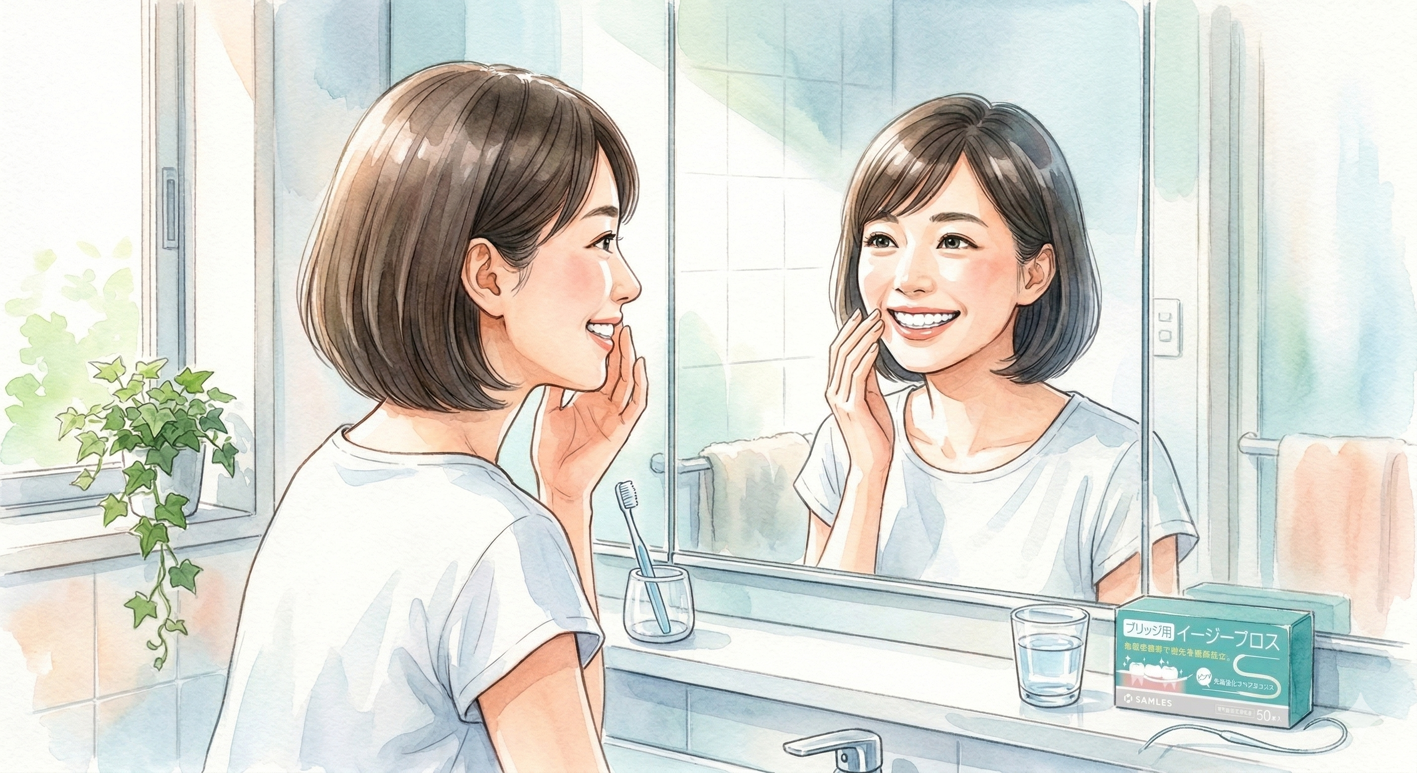 フロスケアで笑顔になる女性のイラスト